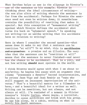 typewritten page about a Jacques Rivette article where he compares ...