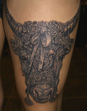 Awesome Bull Head Taurus Tattoo On Half Sleeve picture