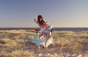 autumn, beach, bike, girl, sea