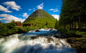 Norway, Mountain, Stream, Sky, Spruce, River, Nature wallpapers