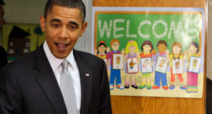 Barack Obama walks into a classroom to have a discussion with 6th ...