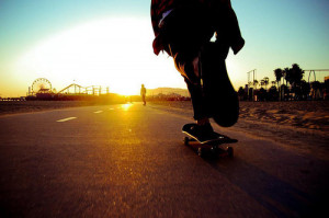 skateboarder, street, sun, sunset