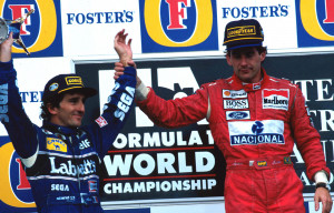 Race winner Ayrton Senna and Alain Prost, who was making his F1 ...