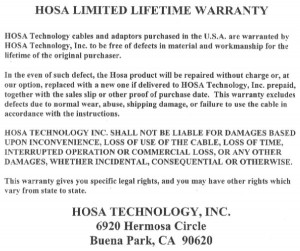 Hosa Warranty Page