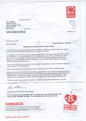 Thank you letter from British Heart Foundation