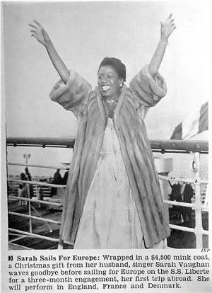 Singer Sarah Vaughan Sails For Europe wrapped in a $ 4,500 mink coat