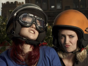 Naomi and Emily - stank faces as they roll up on their moped, so tough ...