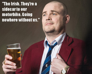 Al Murray holds a pint up. Complete with one of his jokes.
