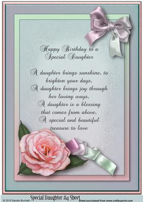 Special Daughter 'happy Birthday' A4 Sheet with Verse by Sandie ...