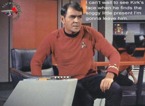 Scotty playing a joke on Captain Kirk, by leaving a pile of crap in ...