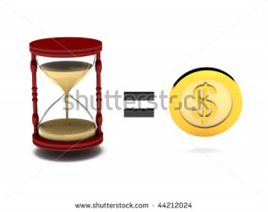 Sayings. Time is money. Hourglass and gold coin on white background ...