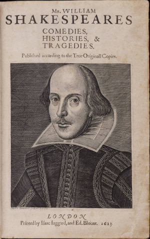portrait of William Shakespeare on the cover of the first Folio of ...