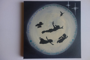 Peter Pan Flying Moon - Quotes - Acrylic painting 20x20 Silhouette