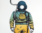 Deep Sea Diver linocut original relief print
