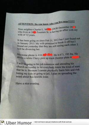 husband's passive aggressive note to his neighbors about his cheating ...