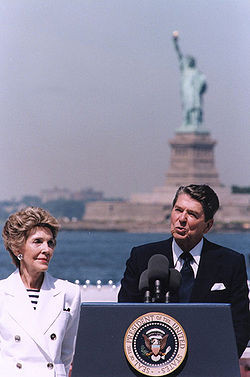 President Ronald Reagan on Governors Island delivering a speech; First ...