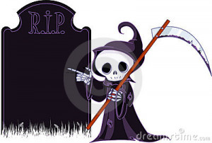 Cute cartoon grim reaper with scythe pointing to tombstone. Isolated