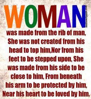 Woman was made from the rib of man, She was not created from his head ...