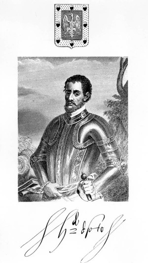 Drawing of Hernando de Soto, his crest, and signature