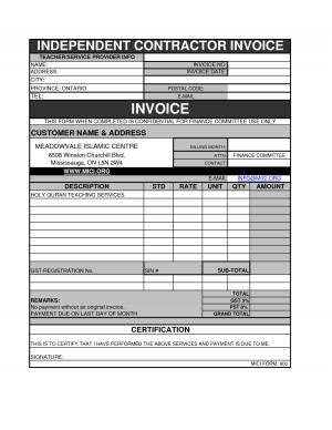 INDEPENDENT CONTRACTOR INVOICE TEACHER SERVICE PROVIDER INFO NAME ...
