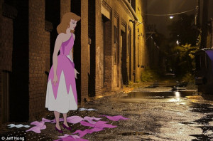 ... lurks in a dirty alley at night with her ball gown in tatters