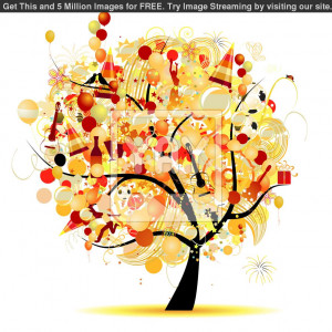 happy celebration funny tree with holiday symbols royalty free